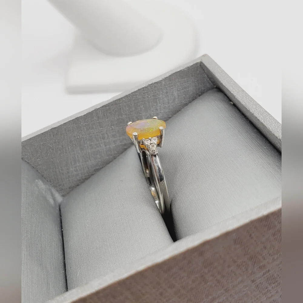 10k Solid White Gold Genuine Ethiopian Oval Opal & White Zircon Ring